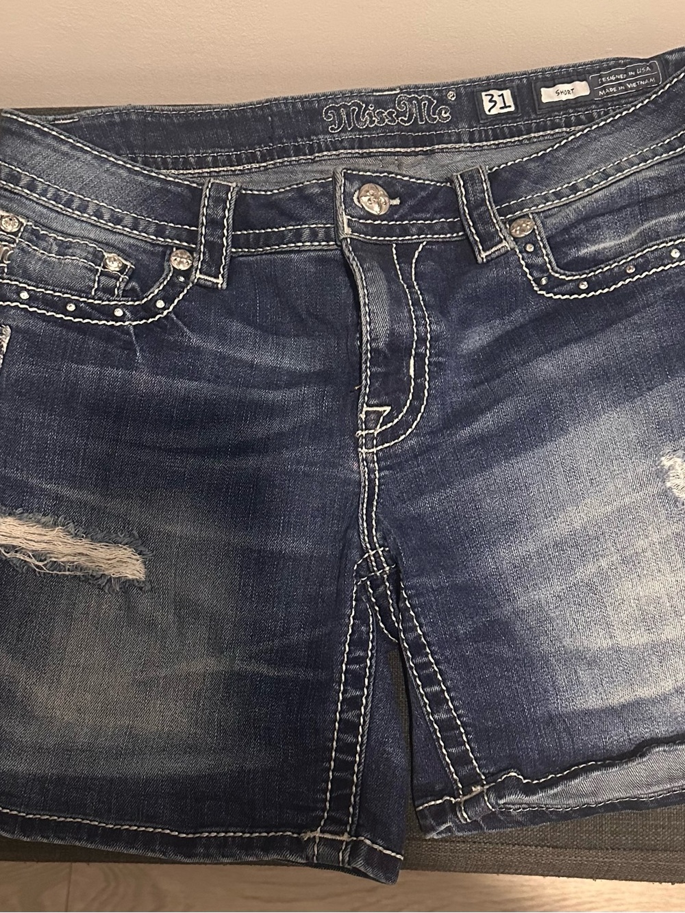 Miss Me Dark Blue Distressed Boyfriend Shorts